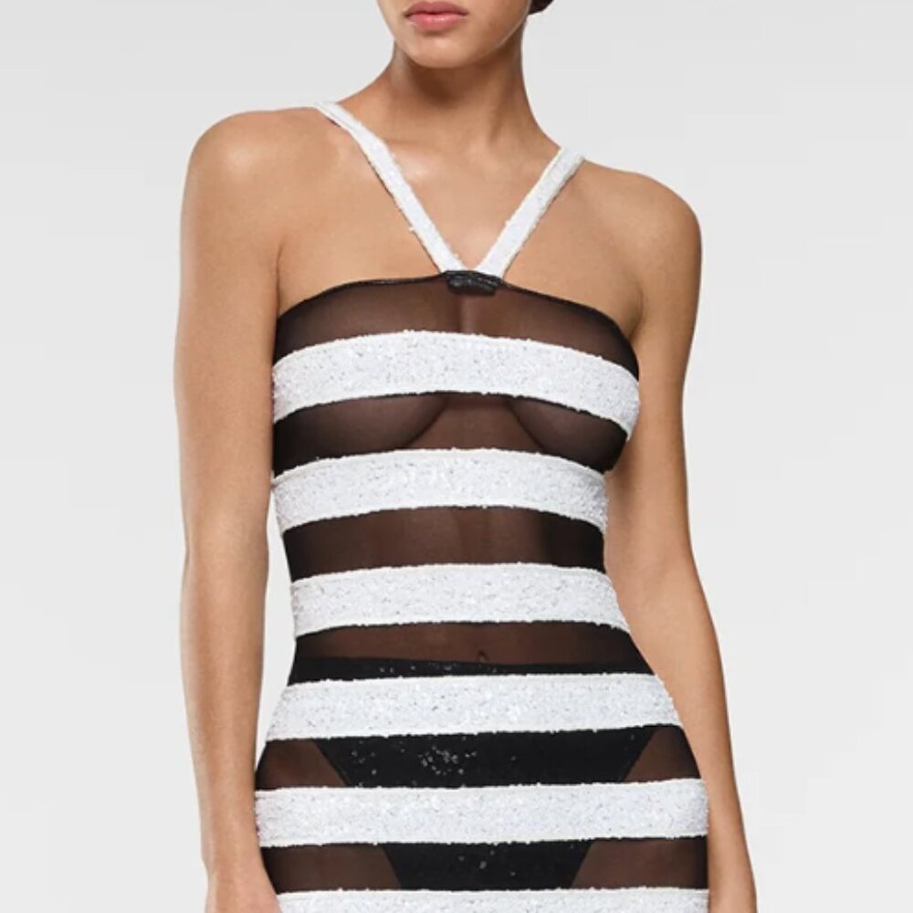 Oseree Paillettes Bicolor Stripes Dress
